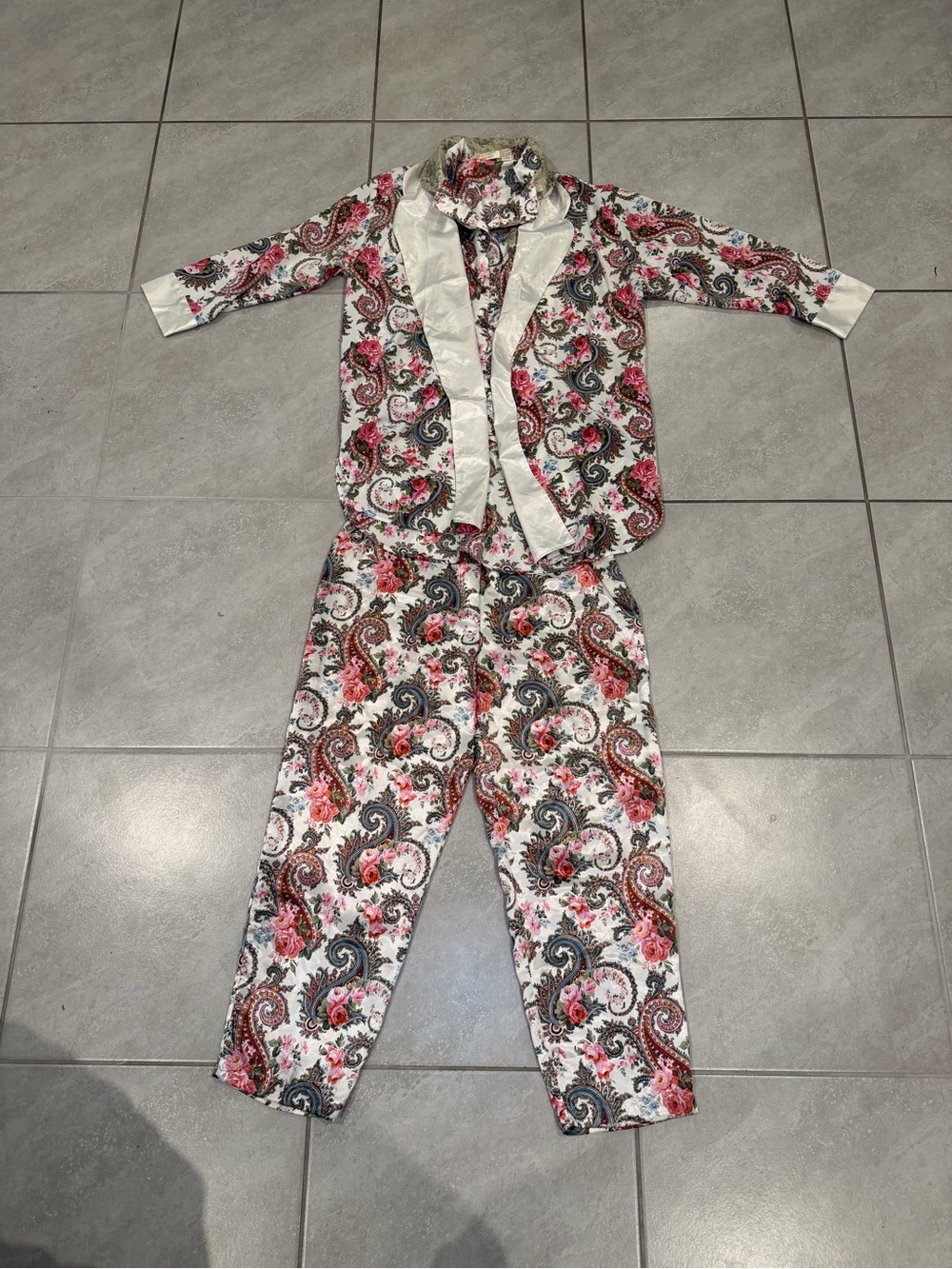 Vintage Victoria's Secret 3-Pc Paisley Floral Satin Pajama & Robe Set Medium